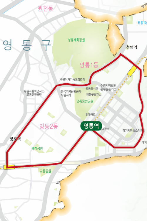영통역, 망포역, 영통중앙공원, 영흥공원, 청명역을 순환하는 코스