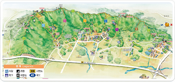 범례(사찰, 공원, 지방도, 학교, 화장실, 국도 표시)