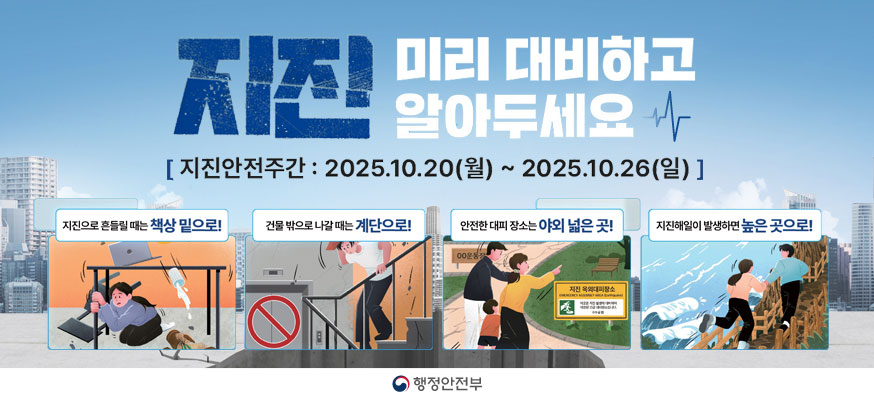 지진 미리 대비하고 알아두세요, 지진안전주간 : 2025.10.20(월) 부터 2025.10.26(일) 까지, 지진으로 흔들릴 때는 책상 밑으로!, 건물 밖으로 나갈 때는 계단으로!, 안전한 대피 장소는 야외 넓은 곳!, 지진해일이 발생하면 높은 곳으로!, 행정안전부