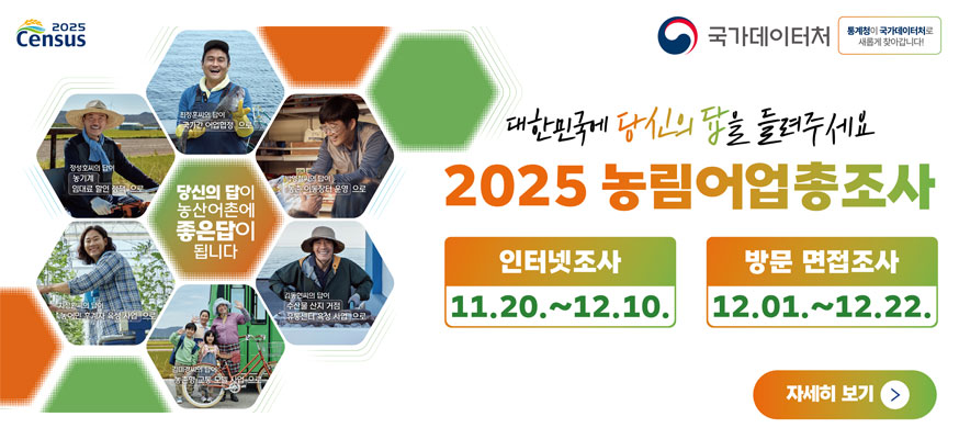 대한민국에 당신의 답을 들려주세요, 2025 농림어업총조사, 인터넷조사: 11.20.부터 12.10. 방문 면접조사: 12.01.부터 12.22., 국가테이터처, 통계청이 국가데이터처로 새롭게 찾아갑니다, 자세히 보기