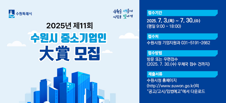 2025년 제11회 수원시 중소기업인 大賞 모집, 접수기간: 2025.7.3.(목)부터 7.30.(수) (평일 9:00부터 18:00), 접수처: 수원시청 기업지원과 031-5191-2662, 접수방법: 방문 또는 우편접수(2025.7.30.(수) 우체국 접수 건까지), 제출서류: 수원시청 홈페이지(http://www.suwon.go.kr)의 "공고/고시/입법예고"에서 다운로드, 수원특례시, 수원을 새롭게 시민을 빛나게