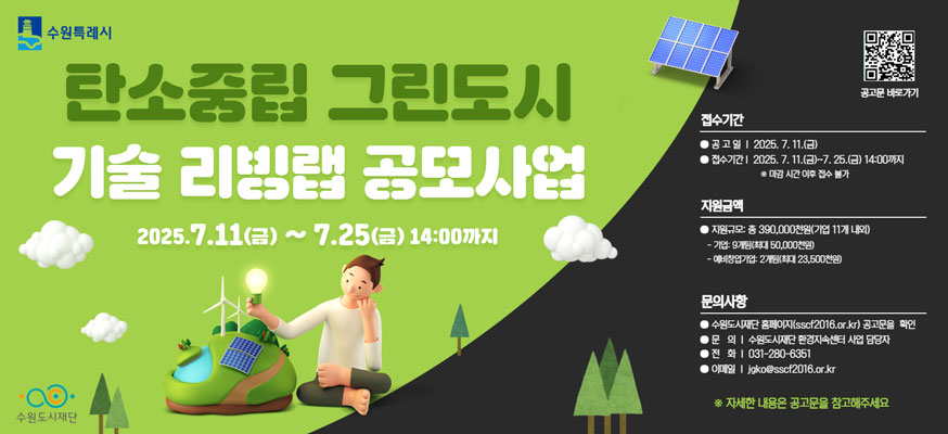탄소중립 그린도시, 기술 리빙랩 공모사업, 2025.7.11(금)부터 7.25(금) 14:00까지, 접수기간: 공고일: 2025.7.11.(금), 접수기간: 2025.7.11.(금)부터 7.25.(금) 14:00까지, ※마감 시간 이후 접수 불가, 지원금액: 지원규모: 총 390,000천원(기업 11개 내외), 기업: 9개팀(최대 50,000천원), 예비창업기업: 2개팀(최대 23, 500천원), 문의사항: 수원도시재단 홈페이지(sscf2016.or.kr) 공고문을 확인, 문의: 수원도시재단 환경지속센터 사업 담당자, 전화: 031-280-6351, 이메일: jgko@sscf2016.or.kr, 자세한 내용은 공고문을 참고해주세요, 수원특례시, QR: 	https://sscf2016.or.kr/entry_view.do?mn_key=02020000&srch_page=1&ACV_CNT_BOARD_NUM=202506191353180658#url