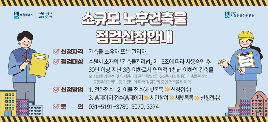 소규모 노후건축물 점검신청안내, 신청자격: 건축물 소유자 또는 관리자, 점검대상: 수원시 소재의 「건축물관리법」제15조에 따라 사용승인 후 30년 이상 지난 3층 이하로서 연면적 1천㎡ 이하인 건축물 ※시설물의 안전 및 유지관리에 관한 특별법(1·2·3종 시설물 등), 건축물관리법, 공동주택관리법 등 관련법에 따라 점검관리 중인 건축물은 제외, 신청방법: 1.전화접수 2.어플 접수(새빛톡톡>신청접수) 3.홈페이지 접수(홈페이지>시민참여>새빛톡톡>신청접수), 문의: 031-5191-3789, 3070, 3374, 수원특례시, 수원시 지역건축안전센터