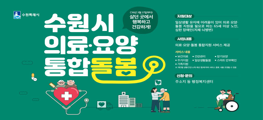 ('26년 3월 27일부터) 수원시 의료·요양 통합돌봄, 살던 곳에서 행복하고 건강하게!, 지원대상: 일상생활 유지에 어려움이 있어 의료·요양·돌봄 지원을 필요로 하는 65세 이상 노인, 심한 장애인(지체·뇌병변), 사업내용: 의료·요양·돌봄 통합지원 서비스 제공, 서비스 내용: 보건의료, 건강관리, 장기요양, 주거지원, 일상생활돌봄, 스마트 안부확인, 가족지원, 신청문·문의: 주소지 동 행정복지센터, 수원특례시