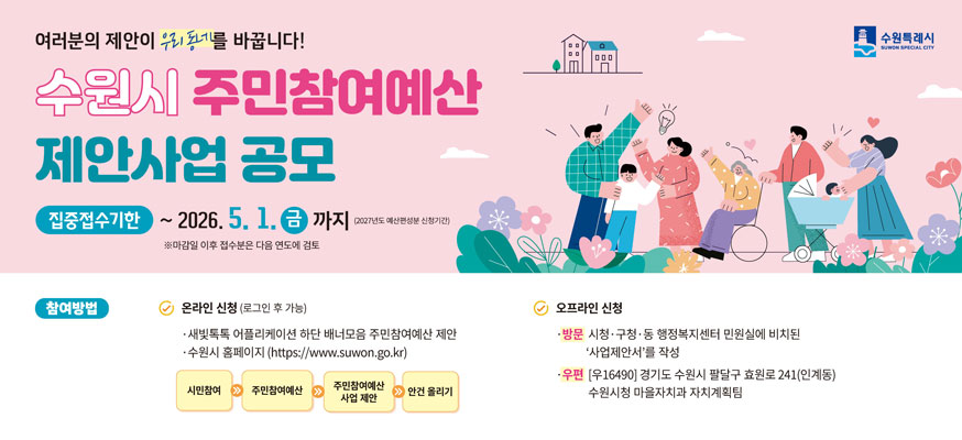 여러분의 제안이 우리 동네를 바꿉니다! 수원시 주민참여예산 제안사업 공모, 집중접수기간: 2026. 5. 1.(금) 까지 (2027년도 예산편성분 신청기간) ※마감일 이후 접수분은 다음 연도에 검토, 참여방법: · 온라인 신청(로그인 후 가능) ·새빛톡톡 어플리케이션 하단 배너모음 주민참여예산 제안, ·수원시 홈페이지(https://www.suwon.go.kr)→시민참여→주민참여예산→주민참여예산 사업 제안→안건 올리기, ·오프라인 신청 ▶ 방문: 시청·구청·동 행정복지센터 민원실에 비치된 '사업제안서'를 작성·제출, ▶ 우편: (우16490) 경기도 수원시 팔달구 효원로 241(인계동), 수원시청 마을자치과 자치계획팀, 수원특례시