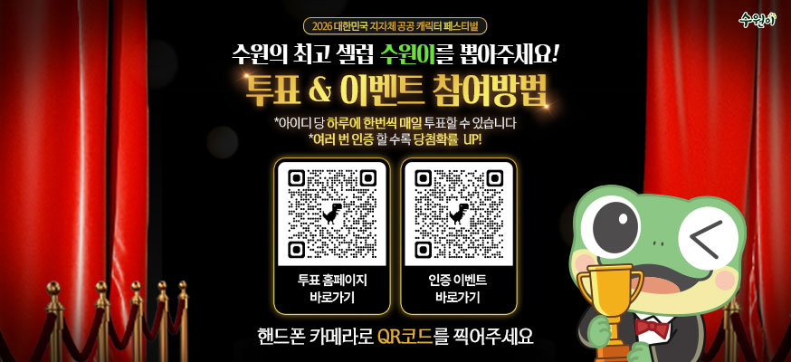 2026 대한민국 지자체 공공 캐릭터 페스티벌, 수원이 최고 셀럽 수원이를 뽑아주세요! 투표&이벤트 참여방법 *아이디 당 하루에 한번씩 매일 투표할 수 있습니다. *여러 번 인증 할 수록 당첨확률 UP!, QR 투표 홈페이지 바로가기:https://vote.k-character.co.kr/,  QR인증 이벤트 바로가기:https://www.instagram.com/suwoni_official/, 핸드폰 카메라로 QR코드를 찍어주세요, 수원이
