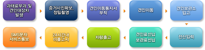 과태료부과 및 견인대상차 발생, 증거사진확보, 정밀촬영, 견인이동통지서부착, 견인이동, 견인보관소 입고, 전산입력, 견인료선납 보관료선납, 차량출고, 24시간내 미출고시, SMS문자 서비스통보