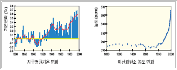 20세기에 지구 평균기온이 0.6도 상승, 이산화탄소는 산업혁명전 280ppm에서 2000년 370ppm으로 약 30% 증가 그래프