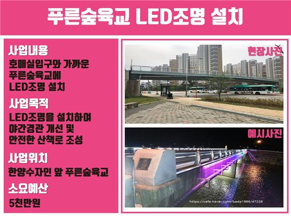 푸른숲육교 LED조명 설치, 사업내용(호매실입구와 가까운 푸른숲육교에 LED조명 설치), 사업목적(LED조명을 설치하여 야간경관 개선 및 안전한 산책로 조성), 사업위치(한양수자인 앞 푸른숲육교), 소요예산(5천만원)