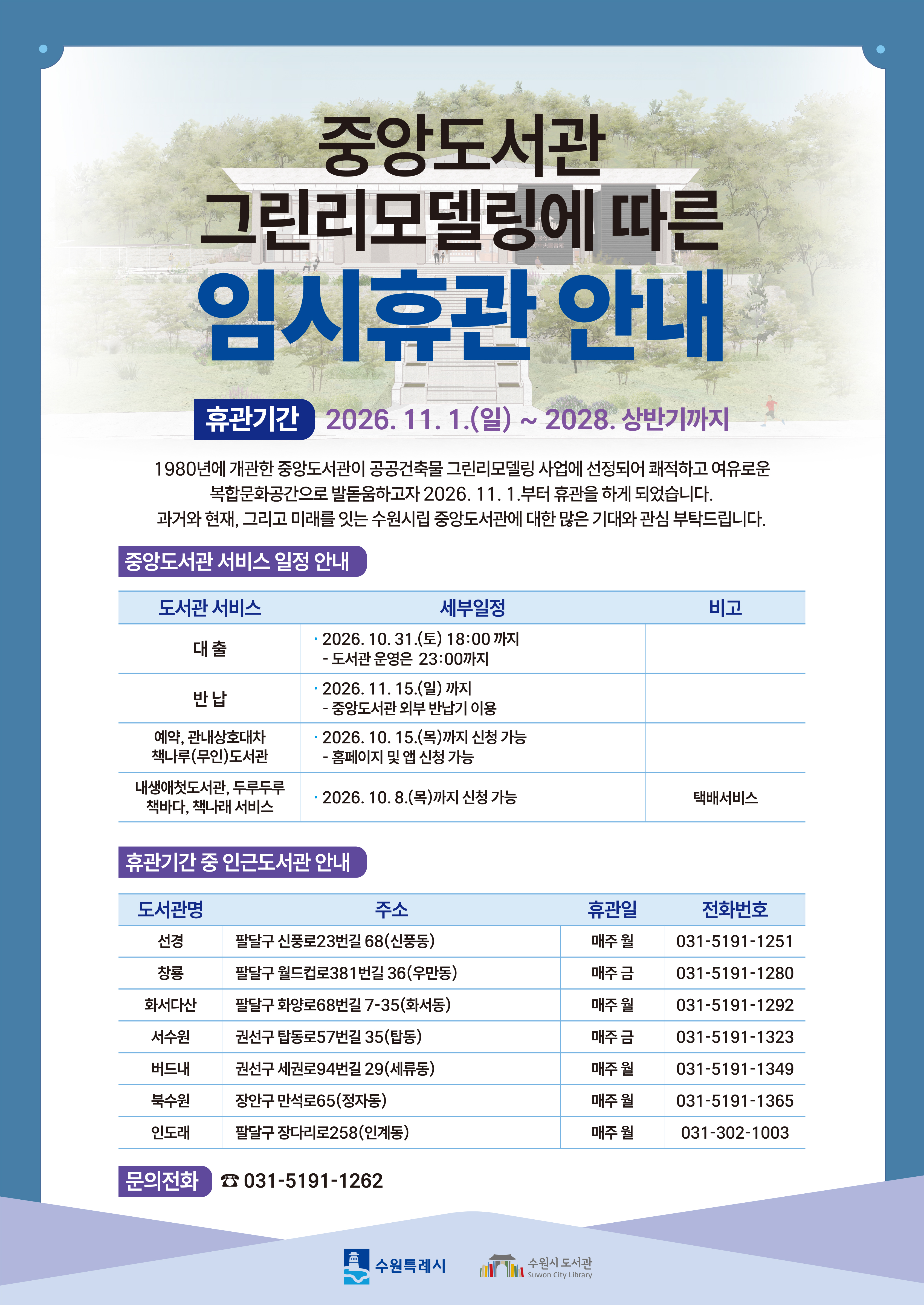 중앙도서관 휴관 안내문