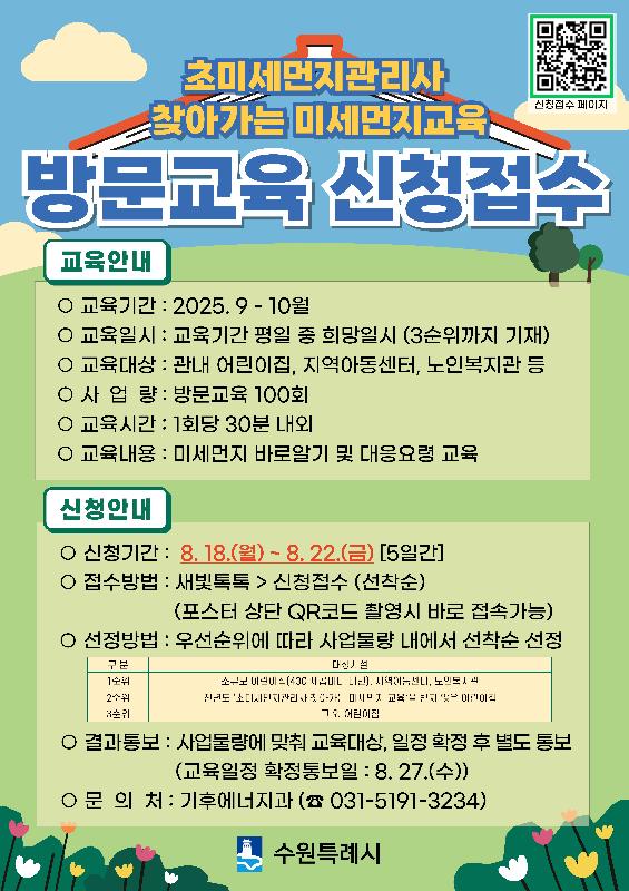 수원시, ‘초미세먼지관리사 방문교육’에 참여할 어린이집, 지역아동센터 모집