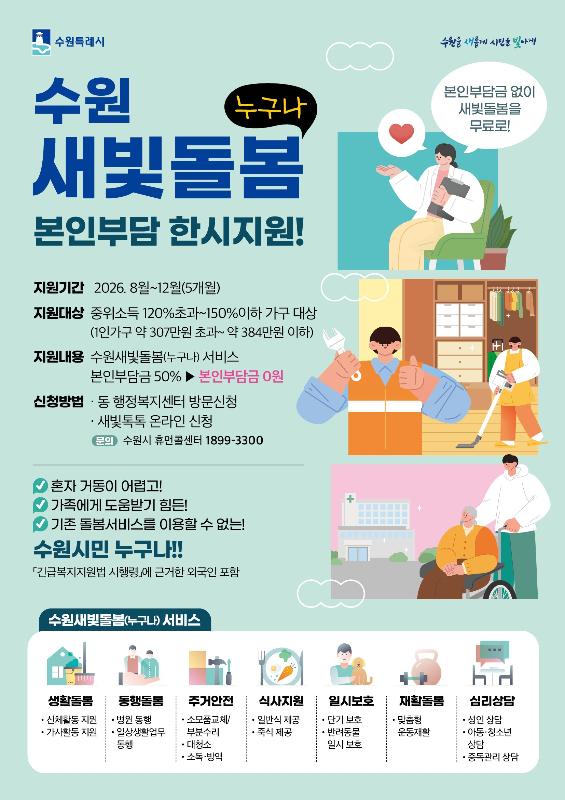 수원새빛돌봄(누구나) 문턱 낮춰 시민 부담 줄인다… 기준중위소득 120% 초과·150% 이하 시민에 본인부담금 한시지원