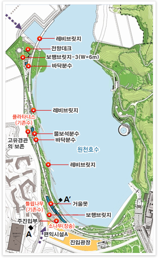 레비브릿지-1(W=10m), 전망데크, 보행브릿지-3(W-6m), 바닥분수, 초화원, 레비브릿지-2(W-6m), 물보석분수, 레비브릿지-3(W-4m), 거울못, 보행브릿지-1(W=8.4m), 플라타너스(기존수), 튤립나무(기존수), 소나무(장송) 등을 나타낸 지도