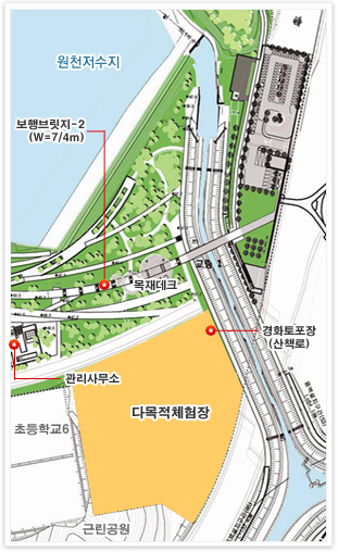 보행브릿지-2(W=7/4m), 목재데크, 경화토포장(산책로), 관리사무소, 다목적체험장, 초등학교 6, 근린공원 등을 나타낸 지도