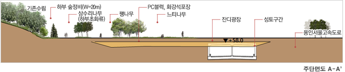 주단면도 A-A' : 기존수림, 하부 숲정비(W=20m), 상수리나무(하부초화류), 팽나무, PC블럭, 화강석포장, 느티나무, 잔디광장, 성토구간, 용인서울고속도로