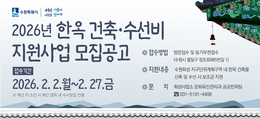 2026년 한옥 건축·수선비 지원사업 모집공고, 접수기간: 2026.2.2.월부터 2.27.금, 접수방법: 방문접수 및 등기우편접수(수원시 팔달구 정조로885번길 1), 지원내용: 수원화성 지구단위계획구역 내 한옥 건축물 신축 및 수선 시 보조금 지원, 문의: 화성사업소 문화유산관리과 공공한옥팀 ☎031-5191-4408, 수원특례시 수원을 새롭게 시민을 빛나게