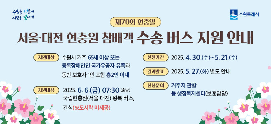 제70회 현충일 서울·대전 현충원 참배객 수송 버스 지원 안내, 지원대상: 수원시 거주 65세 이상 또는 등록장애인인 국가유공자 유족과 동반 보호자 1인 포함 총2인 이내, 지원내용: 2025.6.6.(금) 07:30 (출발) 국립현충원(서울·대전) 왕복 버스, 간식(※도시락 미제공), 신청기간: 2025.4.30.(수)부터 5.21.(수), 결과발표: 2025.5.27.(화) 별도 안내, 신청문의: 거주지 관할 동 행정복지센터(보훈담당), 수원특례시. 수원을 새롭게 시민을 빛나게