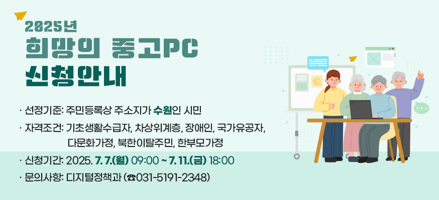 2025년 희망의 중고PC 신청안내, ·선정기준: 주민등록상 주소지가 수원인 시민, ·자격조건: 기초생활수급자, 차상위계층, 장애인, 국가유공자, 다문화가정, 북한이탈주민, 한부모가정, ·신청기간: 2024.7.7.(월) 09:00부터 7.11.(금) 18:00, ·문의사항: 디지털정책과(☎031-5191-2315)