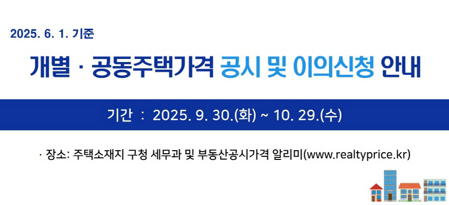 2025.6.1.기준, 개별·공동주택가격 공시 및 이의신청 안내, 기간: 2025.9.30.(화)부터 10.29.(수) ·장소: 주택소재지 구청 세무과 및 부동산공시가격알리미(www.realtyprice.kr)