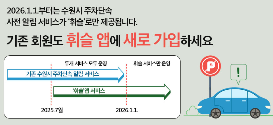2026.1.1.부터는 수원시 주차단속 사전 알림 서비스가 '휘슬'로만 제공됩니다. 기존 회원도 휘슬 앱에 새로 가입 하세요, 기존 수원시 주차단속 알림 서비스 2025.7월, 두개 서비스 모두 운영, '휘슬'앱 서비스 2026.1.1. 휘슬 서비스만 운영