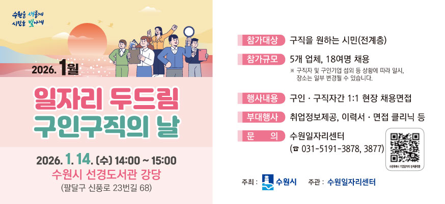 2026. 1월 일자리 두드림 구인구직의 날, 2026. 1. 14.(수) 14:00부터 15:00 수원시 선경도서관 강당(팔달구 신풍로 23번길 68), 참가대상: 구직을 원하는 시민(전계층), 참가규모: 5개 업체, 18여명 채용 ※구직자 및 구인기업 섭외 등 상황에 따라 일시, 장소는 일부 변경될 수 있습니다. 행사내용: 구인·구직자간 1:1 현장 채용면접, 부대행사: 취업정보제공, 이력서·면접 클리닉 등, 문의: 수원일자리센터(☎031-5191-3878, 3877), 주최: 수원시, 주관: 수원일자리센터, QR코드: https://www.suwon.go.kr:22861/