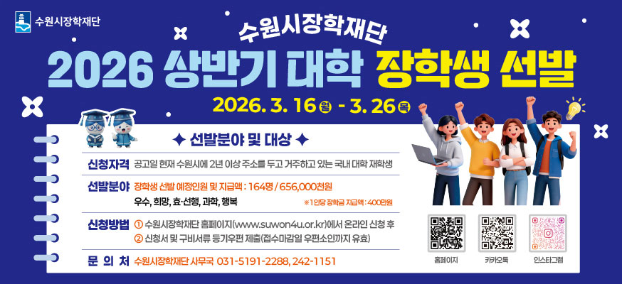 수원시장학재단 2026년 상반기 대학 장학생 선발, 2026.3.16.월부터 3.26.목, 선발분야 및 대상, 신청자격: 공고일 현재 수원시에 2년 이상 주소를 두고 거주하고 있는 국내 대학생 재학생, 선발분야: 장학생 선발 예정인원 및 지급액: 164명 / 656,000천원, 우수, 희망, 효·선행, 과학, 행복, ※1인 장학금 지급액: 400만원, 신청방법: ①수원시장학재단 홈페이지(www.suwon4u.or.kr)에서 온라인 신청 후, ②신청서 및 구비서류 등기우편 제출(접수마감일 우편소인까지 유효), 문의처: 수원시장학재단 사무국 031-5191-2288,242-1151), 홈페이지QR: 
