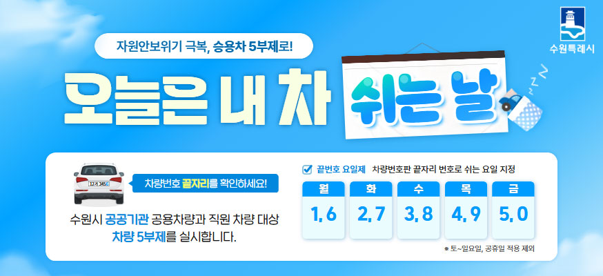 자원안보위기 극복, 승용차 5부제로! 오늘은 내 차 쉬는 날, 차량번호 끝자리를 확인하세요! 수원시 공공기관 공용차량과 직원 차량 대상 차량 5부제를 실시합니다. 끝번호 요일제 차량번호판 끝자리 번호로 쉬는 요일 지정, ※토부터 일요일, 공휴일 적용 제외, 수원특례시
