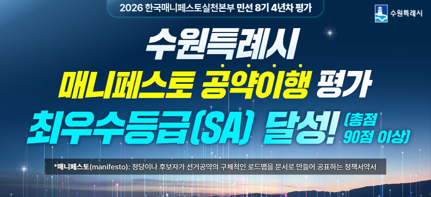 2026 한국매니페스토실천본부 민선 8기 4년차 평가 수원특례시 매니페스토 공약이행 평가 최우수등급(SA) 달성! (총점 90점 이상) *매니페스토(manifesto):정당이나 후보자가 선거공약의 구체적인 로드맵을 문서로 만들어 공표하는 정책서약서, 수원특례시