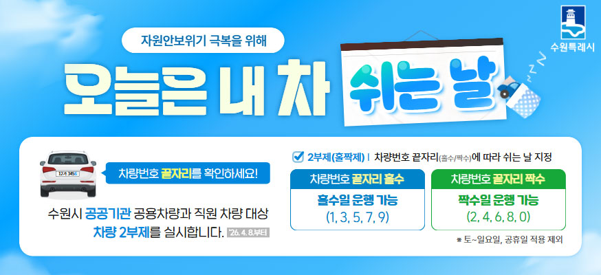 자원안보위기 극복을 위해,오늘은 내 차 쉬는 날, 차량번호 끝자리를 확인하세요! 수원시 공공기관 공용차량과 직원 차량 대상 차량 2부제를 실시합니다. 끝번호 요일제 차량번호판 끝자리 번호로 쉬는 요일 지정, 차량 끝자리 홀수: 홀수일 운행 가능(1, 3, 5, 7, 9), 차량번호 끝자리 짝수: 짝수일 운행 가능(2, 4, 6, 8, 0), ※토부터 일요일, 공휴일 적용 제외, 수원특례시