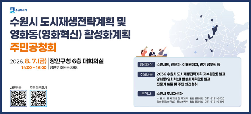 수원시 도시재생전략계획 및 영화동(영화혁신) 활성화계획 주민공청회, 2026. 8. 7.(금) 14:00~16:00, 장안구청 6층 대회의실, 장안구 조원동 888, 참석대상: 수원시민 전문가 이해관계자 관계 공무원 등, 주요내용: 2036 수원시 도시재생전략계획 재수립(안) 발표, 영화동(영화혁신) 활성화계획(안) 발표, 전문가 토론 및 주민 의견청취, 문의처: 수원시 도시재생과, 수원시 도시재생전략계획 관련 문의사항 031-5191-3420, 영화동(영화혁신) 활성화계획 관련 문의사항 031-5191-3398, https://form.naver.com/response/lDmacjls5x, https://www.suwon.go.kr:22834/mpropose/srvy/view.do?srvySn=2607090003&key=2305050012&pageIndex=1&orderBy=regYmd+desc&sc_infoScope=&sc_seCd=&sc_sttsCd=&sc=&sw=