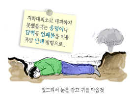 핵 공격시 행동요령 - 지하대피소로 대피하지 못했을때는 웅덩이나 담벽등 엄폐물을 이용 폭발 반대 방향으로.. 