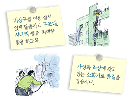 화생방 공격후 행동 - 비상구를 이용 질서 있게 탈출하고 구조대, 사다리 등을 최대한 활용 하도록, 가정과 직장에 갖고 있는 소화기로 불길을 잡읍시다. 