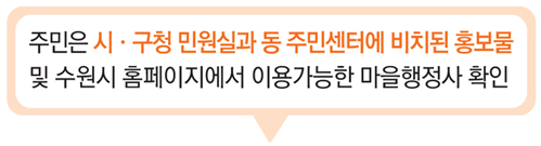 1.주민은 시,구청 민원실과 동 주민센터에 비치된 홍보물 및 수원시 홈페이지에서 이용가능한 마을행정사 확인