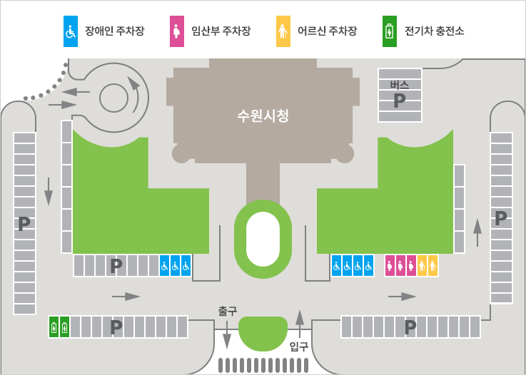 지상 주차장 도면, 주차면, 장애인 주차장, 인산부 주차장, 어르신 주차장, 전기차 충전소 주차면 안내 도면 (면수 본문 확인)