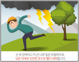 정상부 암벽 위나 키 큰 나무 밑은 위험하므로 신속히 낮은 자세로 이동합니다.