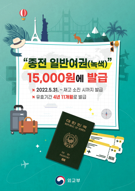 종전 일반여권(녹색) 15,000원에 발급, 2022.5.31.~ 재고 소진 시까지 발급, 유효기간 4년 11개월로 발급