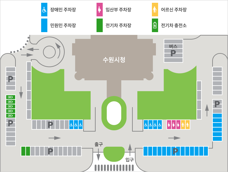 지상 주차장 도면, 주차면, 장애인 주차장, 인산부 주차장, 어르신 주차장, 전기차 충전소 주차면 안내 도면 (면수 본문 확인)