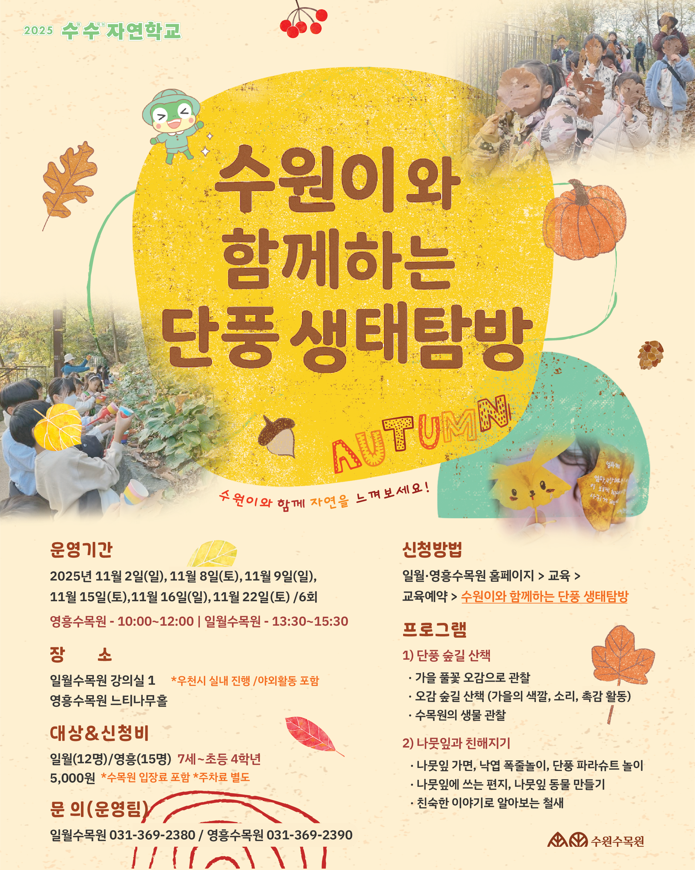 2025 수수자연학교 수원이와 함께하는 단풍 생태탐방 수원이와 함께 자연을 느껴보세요! 🍂 운영기간 2025년 11월 2일(일), 11월 8일(토), 11월 9일(일), 11월 15일(토), 11월 16일(일), 11월 22일(토) / 총 6회 영흥수목원: 10:00~12:00 일월수목원: 13:30~15:30 (우천 시 실내 진행 / 야외활동 포함) 장소 일월수목원 강의실 1 영흥수목원 느티나무홀 대상 및 참가비 일월(12명) / 영흥(15명) 7세~초등 4학년 참가비: 5,000원 (수원시 입금자 포함 / 추후자료 별도) 신청방법 일월·영흥수목원 홈페이지 ▶ 교육 ▶ 교육예약 ‘수원이와 함께하는 단풍 생태탐방’ 선택 프로그램 1️⃣ 단풍 숲길 산책 가을 풀꽃 오감으로 관찰 오감 숲길 산책 (가을의 색깔, 소리, 촉감 활동) 수목원의 생물 관찰 2️⃣ 나뭇잎과 친해지기 나뭇잎 모양, 단풍 색 관찰, 단풍 파라솔 놀이 나뭇잎 쓰는 편지, 나뭇잎 동물 만들기 친환경 이야기로 알아보는 철새 문의 (운영팀) 일월수목원 ☎ 031-369-2380 영흥수목원 ☎ 031-369-2390