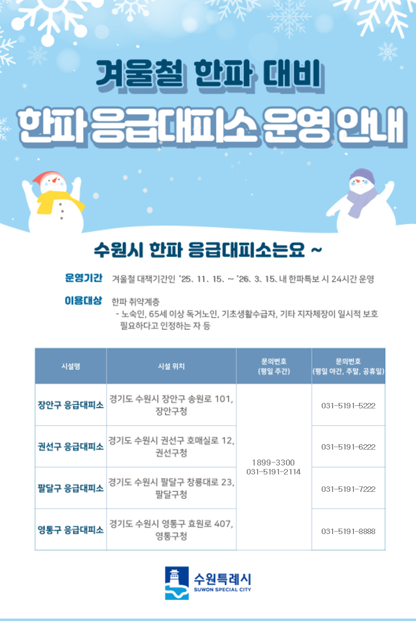 겨울철 한파 대비 응급대피소 운영 안내