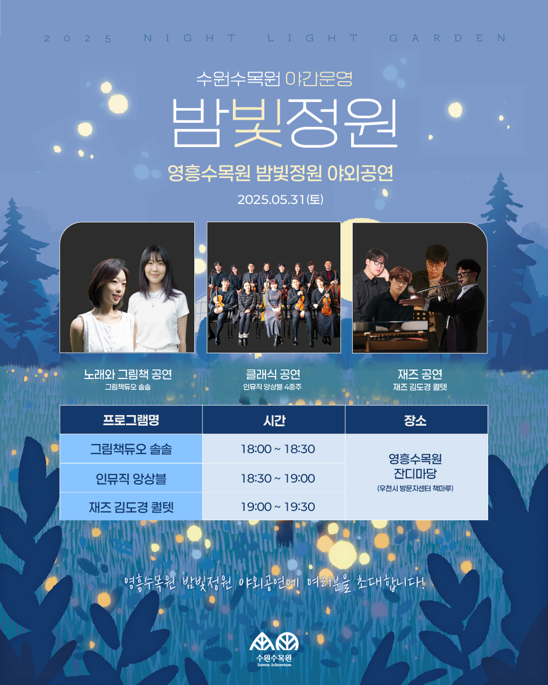 수원수목원 야간운영 밤빛정원 영흥수목원 밤빛정원 야외공연 2025.05.31(E) 노래와 그림책 공연 클래식 공연 재즈 공연 그림책듀오 솔솔 인뮤직 앙상블 4중주 재즈 김도경 퀄텟 프로그램명 시간 그림책듀오 솔솔 18:00 18:30 장소 영흥수목원 인뮤직 앙상블 18:30 19:00 잔디마당 (우천시 방문자센터 책마루) 재즈 김도경 퀄텟 19:00 19:30 영흥수목원 밤빛정원 야외공연에 여러분을 초대합니다! 수원수목원