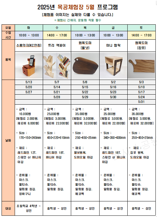 5월 체험 프로그램 화요일(오전) 소품의자 , 수요일(오후)트리책꽂이, 목요일(오전) 원목도마(월넛), 금요일(오전) 미니 협탁, 토요일(오후) 원목도마(캄포)  