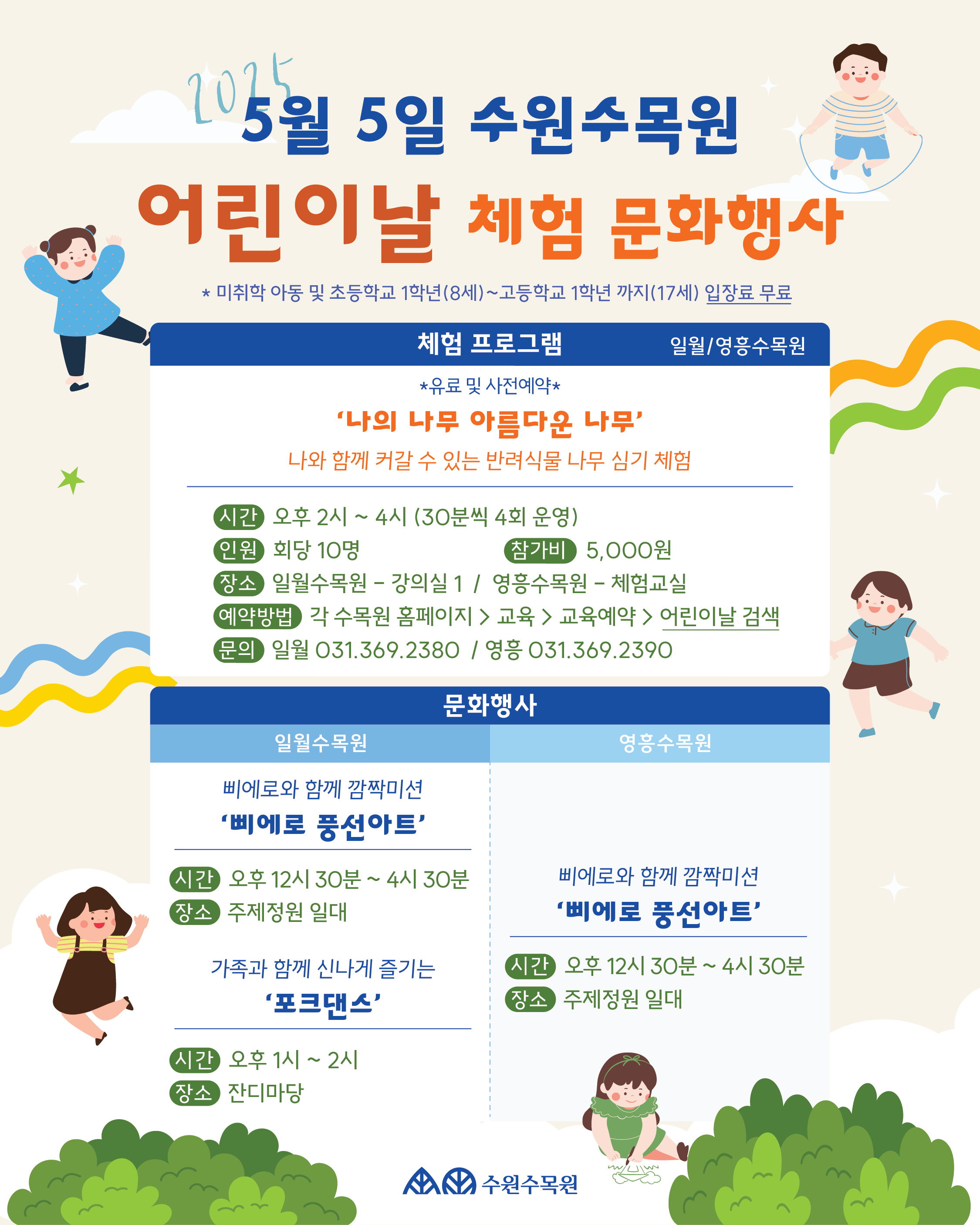  5월 5일 수원수목원 어린이날 체험 문화행사 * 미취학 아동 및 초등학교 1학년(8세)~고등학교 1학년 까지(17세) 입장료 무료 체험 프로그램 *유료 및 사전예약* '나의 나무 아름다운 나무' 일월/영흥수목원 나와 함께 커갈 수 있는 반려식물 나무 심기 체험 시간 오후 2시 ~ 4시 (30분씩 4회 운영) 인원 회당 10명 참가비 5,000원 장소 일월수목원 - 강의실 1 / 영흥수목원 - 체험교실 예약방법 각 수목원 홈페이지 > 교육 > 교육예약> 어린이날 검색 문의 일월 031.369.2380 / 영흥 031.369.2390 문화행사 일월수목원 영흥수목원 삐에로와 함께 깜짝미션 '삐에로 풍선아트' 시간 오후 12시 30분 ~ 4시 30분 장소 주제정원 일대 삐에로와 함께 깜짝미션 '삐에로 풍선아트' 가족과 함께 신나게 즐기는 '포크댄스' 시간 오후 12시 30분 ~ 4시 30분 장소 주제정원 일대 시간 오후 1시 ~ 2시 장소 잔디마당