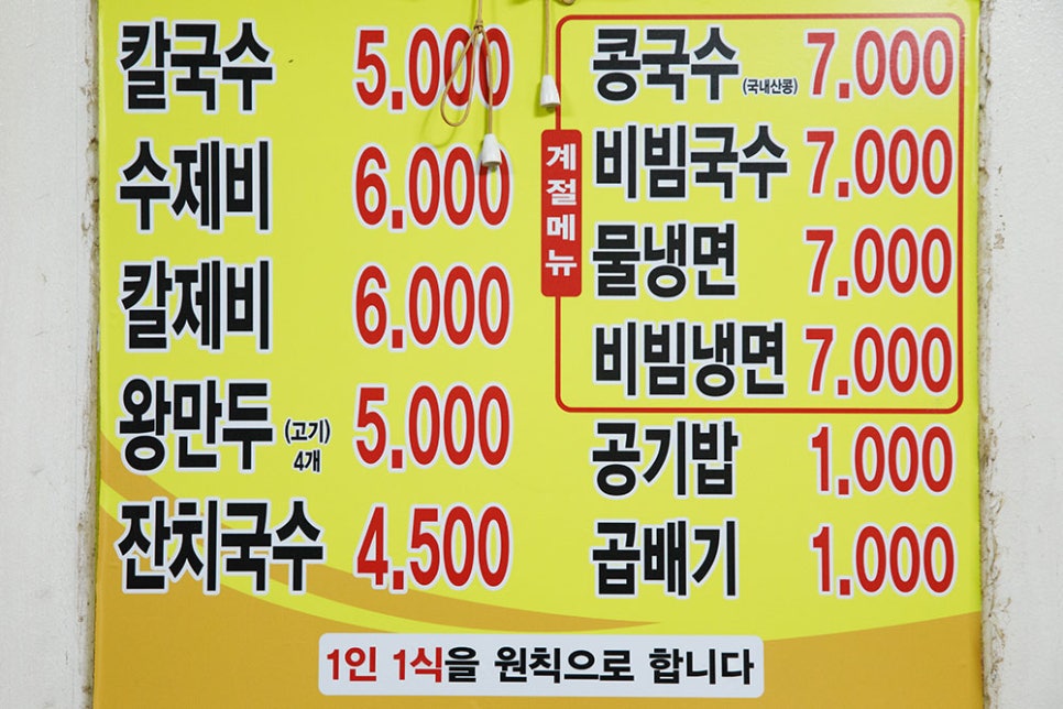 착한품목 이외에도 곱빼기를 시켜도 8천 원이 넘지 않는 가격입니다. 제일 저렴한 가격은 잔치국수고, 칼국수와 수제비를 같이 먹을 수 있는 칼제비가 제일 많이 나간대요.