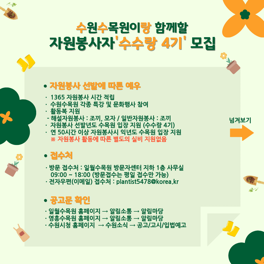 수원수목원이랑 함께할 자원봉사자 ‘수수랑 4기’ 모집  ● 자원봉사 선발에 따른 예우  · 1365 자원봉사 시간 적립 · 수원수목원 각종 특강 및 문화행사 참여 · 활동복 지원  해설자원봉사 : 조끼, 모자 / 일반자원봉사 : 조끼 · 자원봉사 선발년도 수목원 입장 지원 (수수랑 4기) · 연 50시간 이상 자원봉사시 익년도 수목원 입장 지원  ※ 자원봉사 활동에 따른 별도의 실비 지원없음  ● 접수처  · 방문 접수처 : 일월수목원 방문자센터 지하 1층 사무실 09:00 ~ 18:00 (방문접수는 평일 접수만 가능)  · 전자우편(이메일) 접수처 : plantist5478@korea.kr  ● 공고문 확인  · 일월수목원 홈페이지 → 알림소통 → 알림마당 · 영흥수목원 홈페이지 → 알림소통 → 알림마당 · 수원시청 홈페이지 → 수원소식 → 공고/고시/입법예고