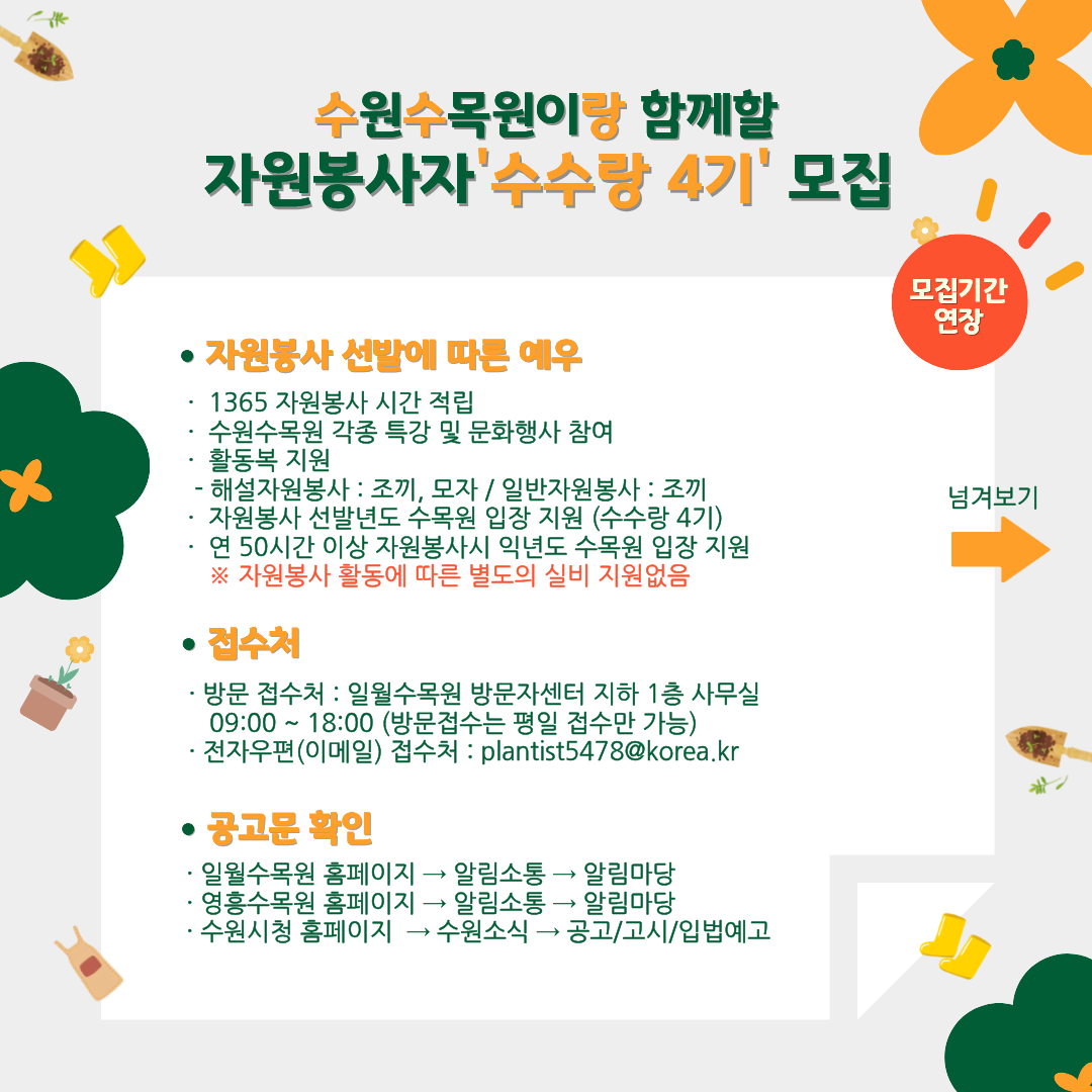 수원수목원이랑 함께할 자원봉사자 ‘수수랑 4기’ 모집  모집기간 연장  ● 자원봉사 선발에 따른 예우  1365 자원봉사 시간 적립  수원수목원 각종 특강 및 문화행사 참여  활동복 지원 · 해설자원봉사 : 조끼, 모자 / 일반자원봉사 : 조끼  자원봉사 선발년도 수목원 입장 지원 (수수랑 4기)  연 50시간 이상 자원봉사시 익년도 수목원 입장 지원 ※ 자원봉사 활동에 따른 별도의 실비 지원없음  ● 접수처  방문 접수처 : 일월수목원 방문자센터 지하 1층 사무실 09:00 ~ 18:00 (방문접수는 평일 접수만 가능)  전자우편(이메일) 접수처 : plantist5478@korea.kr  ● 공고문 확인  일월수목원 홈페이지 → 알림소통 → 알림마당  영흥수목원 홈페이지 → 알림소통 → 알림마당  수원시청 홈페이지 → 수원소식 → 공고/고시/입법예고