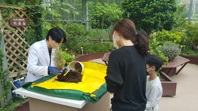 반려식물병원 치료실에서 진료를 하고 있는 모습