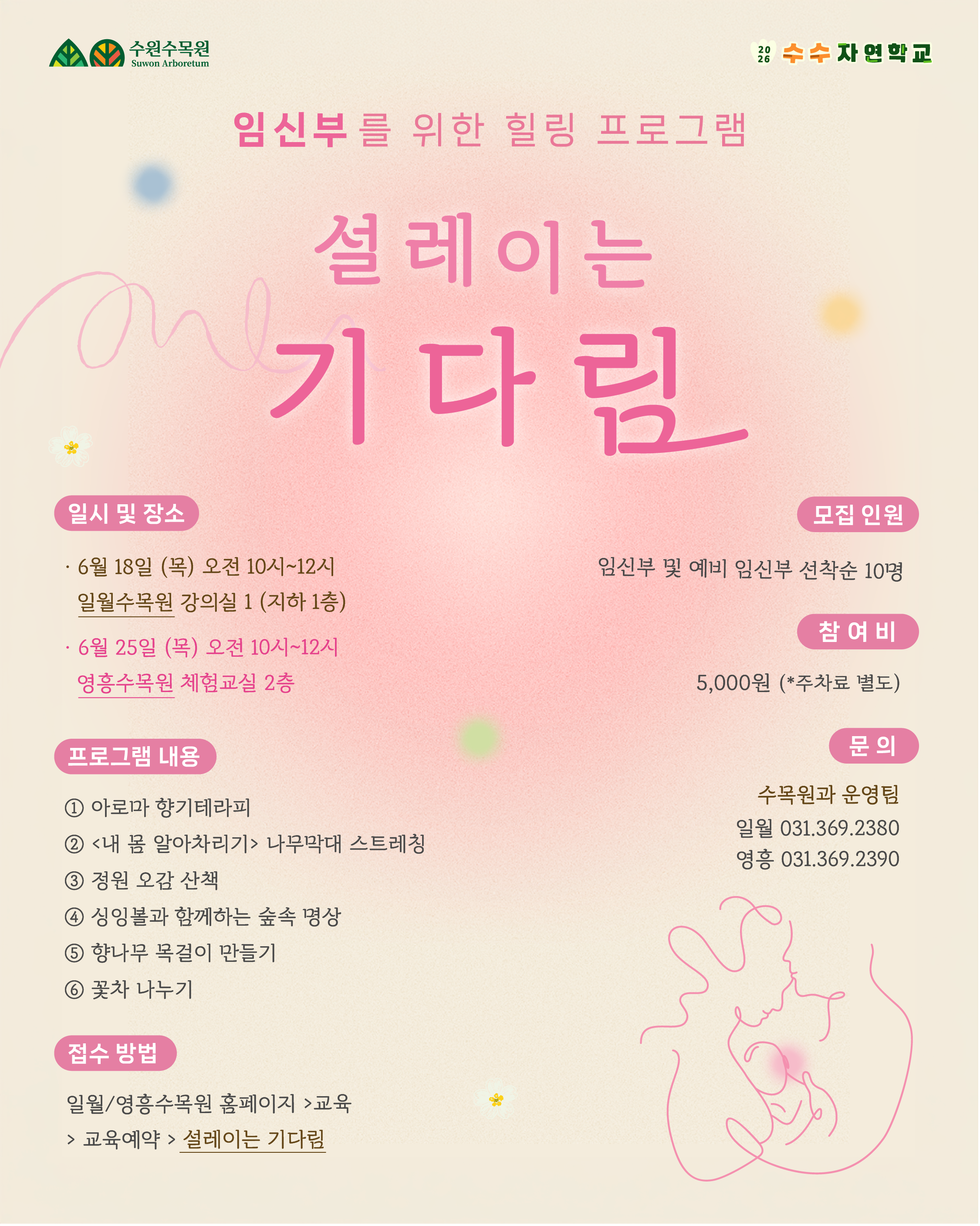 임신부 프로그램 포스터 대체 문자열 [상단 로고 및 타이틀] 좌측 상단: 수원수목원 (Suwon Arboretum) 로고  우측 상단: 2026 수수자연학교 로고  부제: 임신부를 위한 힐링 프로그램  메인 타이틀: 설레이는 기다림  [본문 내용] 1. 일시 및 장소 6월 18일 (목) 오전 10시~12시 / 일월수목원 강의실 1 (지하 1층)  6월 25일 (목) 오전 10시~12시 / 영흥수목원 체험교실 2층  2. 모집 인원 임신부 및 예비 임신부 선착순 10명  3. 참여비 5,000원 (*주차료 별도)  4. 프로그램 내용 아로마 향기테라피  <내 몸 알아차리기> 나무막대 스트레칭  정원 오감 산책  싱잉볼과 함께하는 숲속 명상  향나무 목걸이 만들기  꽃차 나누기  5. 접수 방법 일월/영흥수목원 홈페이지 > 교육 > 교육예약 > 설레이는 기다림  6. 문의 수목원과 운영팀  일월: 031.369.2380  영흥: 031.369.2390