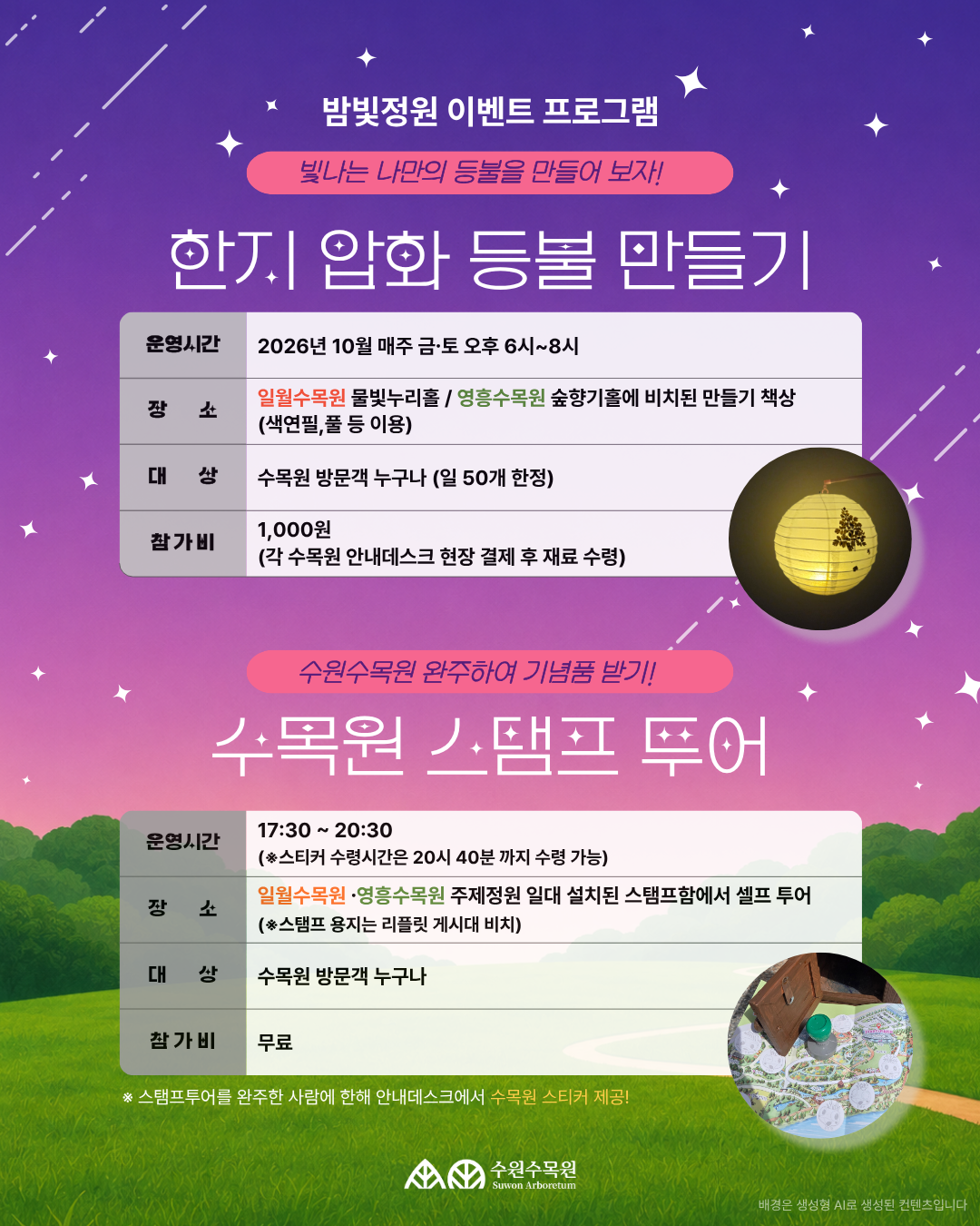 밤빛정원 이벤트 프로그램 1. 한지 압화 등불 만들기 빛나는 나만의 등불을 만들어 보자! 운영시간: 2026년 10월 매주 금·토 오후 6시~8시 장소: 일월수목원 물빛누리홀 / 영흥수목원 숲향기홀에 비치된 만들기 책상 (색연필, 풀 등 이용) 대상: 수목원 방문객 누구나 (일 50개 한정) 참가비: 1,000원 (각 수목원 안내데스크 현장 결제 후 재료 수령) 2. 수목원 스탬프 투어 수원수목원 완주하여 기념품 받기! 운영시간: 17:30 ~ 20:30 (※스티커 수령시간은 20시 40분 까지 수령 가능) 장소: 일월수목원·영흥수목원 주제정원 일대 설치된 스탬프함에서 셀프 투어 (※스탬프 용지는 리플릿 게시대 비치) 대상: 수목원 방문객 누구나 참가비: 무료 안내사항: 스탬프투어를 완주한 사람에 한해 안내데스크에서 수목원 스탬프 제공! (하단 로고: 수원수목원) (하단 문구: 배경은 생성형 AI로 생성된 콘텐츠입니다)