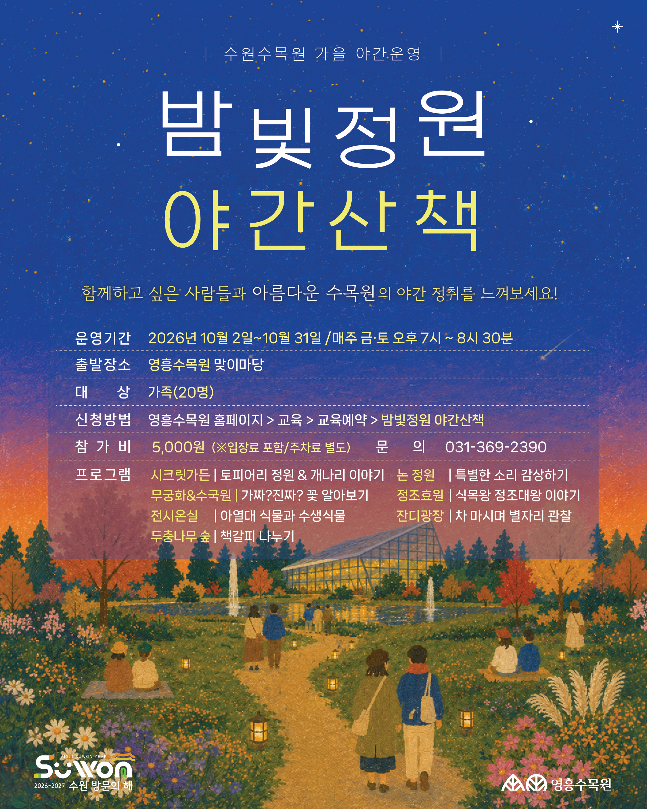 [간단한 대체문자열 (한 줄 요약)] 수원수목원 가을 야간운영 '밤빛정원 야간산책' 행사의 운영기간, 출발장소, 대상, 신청방법, 참가비, 프로그램 안내가 담긴 포스터.  [상세 대체문자열 (스크린 리더용 전체 텍스트)] [상단 타이틀]  수원수목원 가을 야간운영  밤빛정원 야간산책  함께하고 싶은 사람들과 아름다운 수목원의 야간 정취를 느껴보세요!  [행사 정보]  운영기간: 2026년 10월 2일 ~ 10월 31일 / 매주 금·토 오후 7시 ~ 8시 30분  출발장소: 영흥수목원 맞이마당  대상: 가족(20명)  신청방법: 영흥수목원 홈페이지 > 교육 > 교육예약 > 밤빛정원 야간산책  참가비: 5,000원 (입장료 포함 / 주차료 별도)  문의: 031-369-2390  [프로그램 안내]  시크릿가든: 토피어리 정원 & 개나리 이야기  논 정원: 특별한 소리 감상하기  무궁화&수국원: 진짜? 가짜? 꽃 알아보기  정조효원: 식목왕 정조대왕 이야기  전시온실: 아열대 식물과 수생식물  잔디광장: 차 마시며 별자리 관찰  두충나무 숲: 책갈피 나누기  [하단 로고 및 이미지 설명]  배경 이미지: 밤하늘 아래 별빛이 내리는 가을 수목원 속 온실과 정원을 사람들이 거니는 따뜻한 일러스트.  하단 로고: 좌측 하단 '2026-2027 수원 방문의 해 (Suwon)' 로고, 우측 하단 '영흥수목원' 로고.
